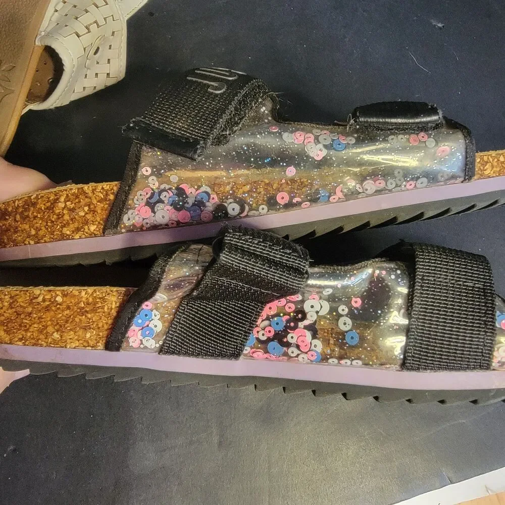 SO Lot 2 Girls Sandals US 4 White Flower Buckle Thong & Black Sequin Slides